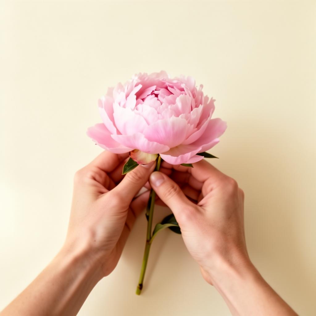 Mãos delicadas segurando uma flor rosa, símbolo de cuidado e acolhimento